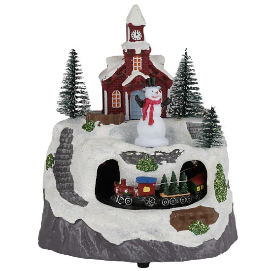 Pueblo con muñeco de nieve y tren completo con luces y sonidos