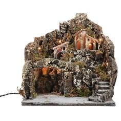Presepe illuminato con villaggio su montagna cm 36x38x40h