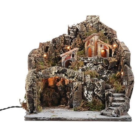 Illuminated nativity scene with village on mountain cm 36x38x40h