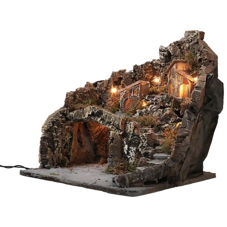 Presepe illuminato con villaggio su montagna cm 36x38x40h