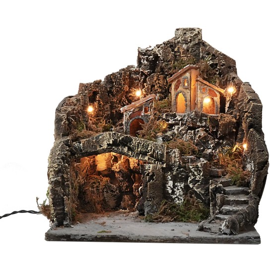 Presepe illuminato con villaggio su montagna cm 36x38x40h