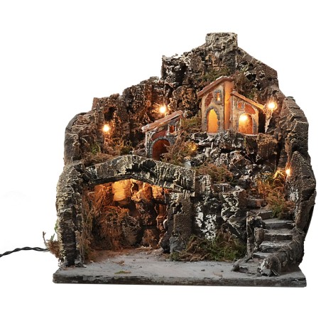 Presepe illuminato con villaggio su montagna cm 36x38x40h