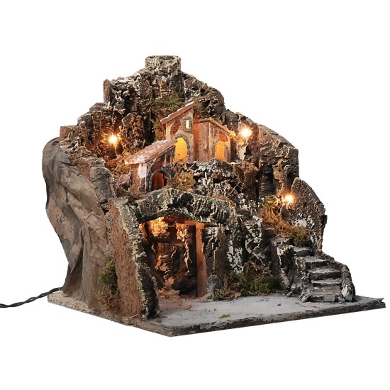 Illuminated nativity scene with village on mountain, dimensions 36x38x40 cm.