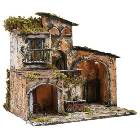 Illuminated nativity scene with working fountain and oven, dimensions 46x32x45 cm.