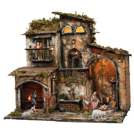 Illuminated nativity scene with working fountain and oven cm