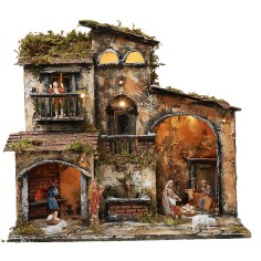 Illuminated nativity scene with working fountain and oven cm 2