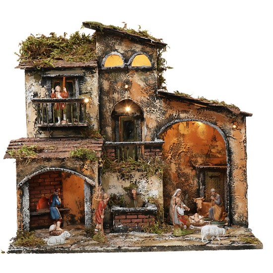 Presepe illuminato con fontana e forno funzionanti cm 46x32x45h