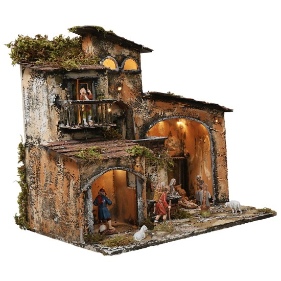 Illuminated nativity scene with working fountain and oven cm