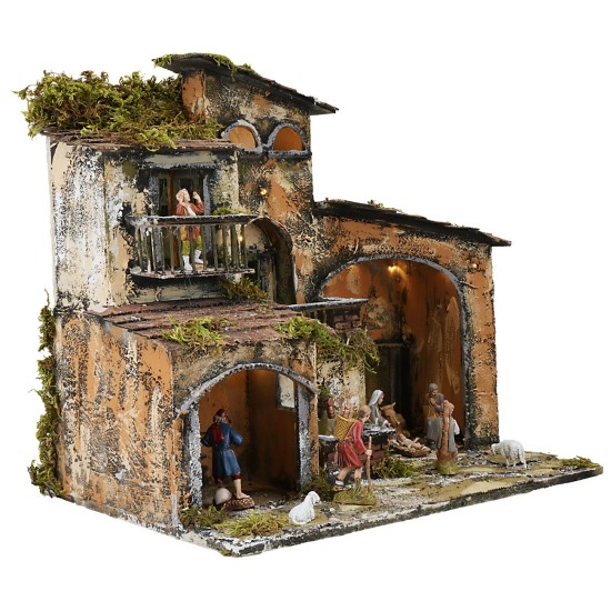 Illuminated nativity scene with working fountain and oven, dimensions 46x32x45 cm.