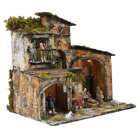 Illuminated nativity scene with working fountain and oven cm