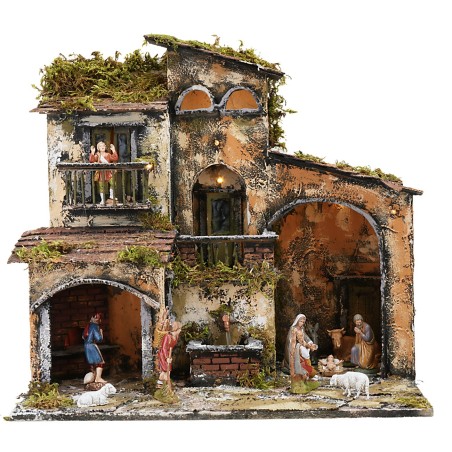 Illuminated nativity scene with working fountain and oven cm