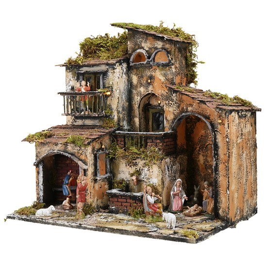 Illuminated nativity scene with working fountain and oven, dimensions 46x32x45 cm.