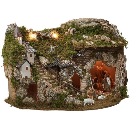 Presepe con luci fontana e fuoco funzionanti e statuine Landi