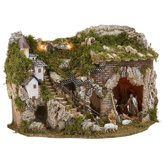 Presepe con luci fontana e fuoco funzionanti e statuine Landi