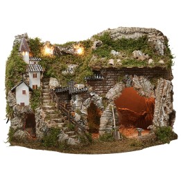 Nativity scene with working fountain and fire cm 57x37x39 h