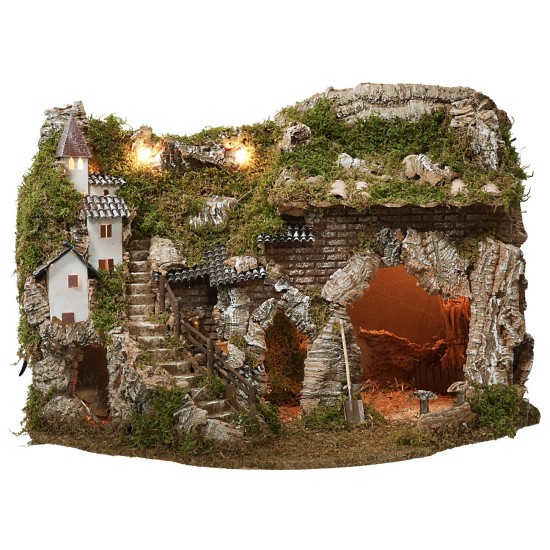 Nativity scene with working fountain and fire cm 57x37x39 h
