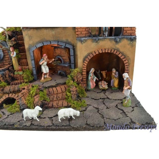 Pesebre completo con figuras Landi iluminado con fuente y horno