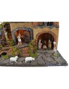 Complete nativity scene with Landi statues illuminated with fountain and