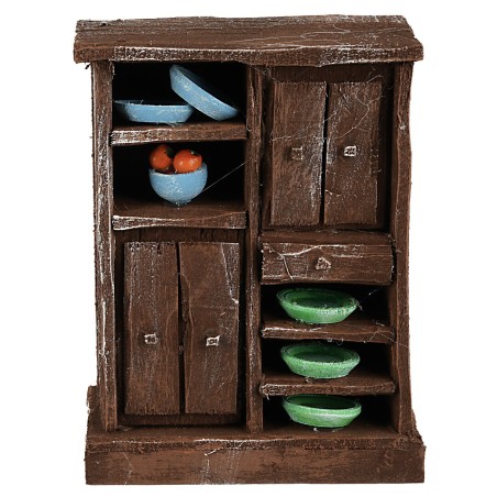 Antique-style wooden cabinet with doors and drawers, dimensions 8x5x11 cm (h).