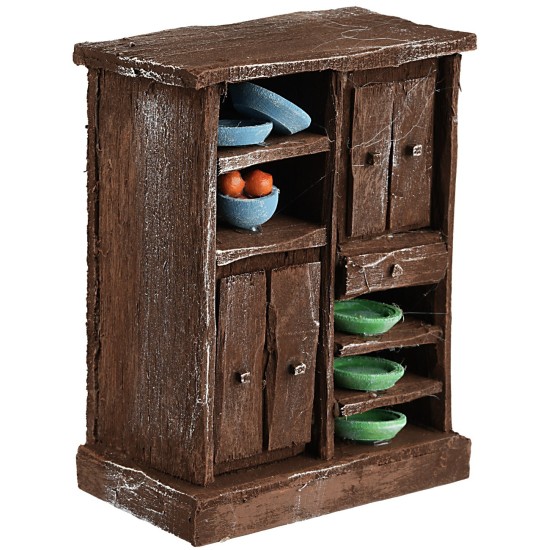 Armario de madera envejecida con puertas y cajones de 8x5x11 cm h.