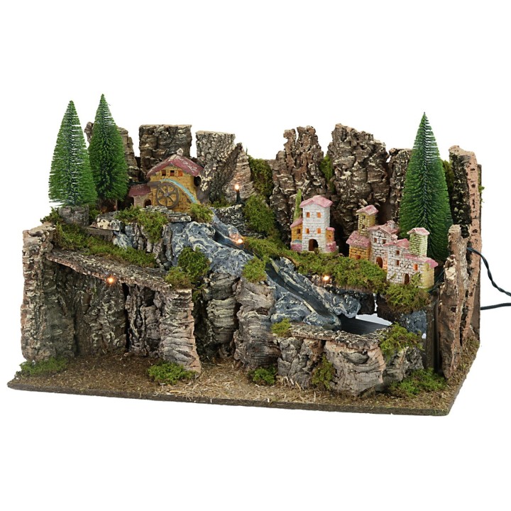 Pesebre iluminado con arroyo funcionando cm 60x35x33h