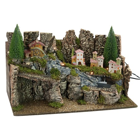 Illuminated nativity scene with working stream cm 60x35x33h