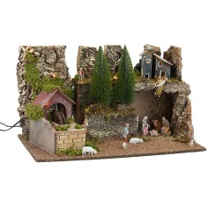 Presepe illuminato con cascata funzionante e statuine cm 2