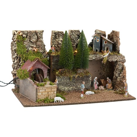 Pesebre iluminado con cascada funcional y figuritas cm
