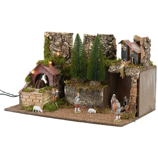 Pesebre iluminado con estatuas y molino eléctrico cm 60x35x33h