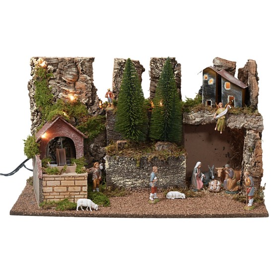 Presepe illuminato con statue e mulino elettrico cm 60x35x33h