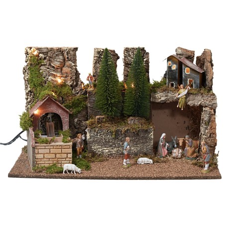 Illuminated nativity scene with working waterfall and figurines cm