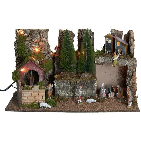 Pesebre iluminado con cascada funcional y figuritas cm