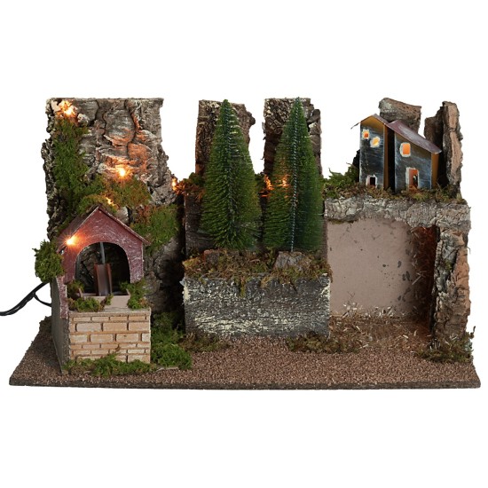 Pesebre iluminado con molino de agua funcionando cm 60x35x35h