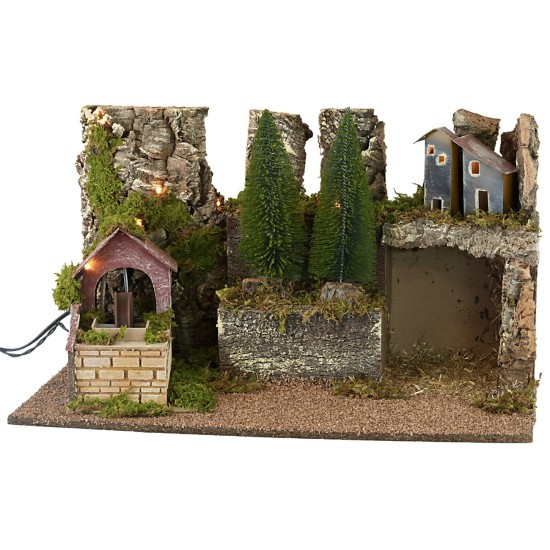 Illuminated nativity scene with working water mill cm 60x35x35h