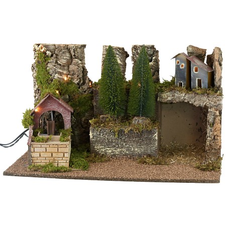 Presepe illuminato con mulino ad acqua funzionante cm 60x35x35h