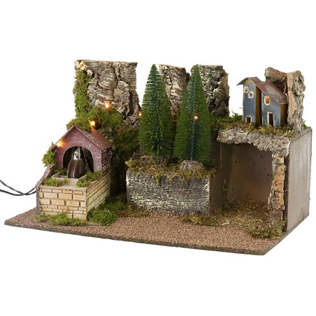 Presepe illuminato con mulino ad acqua funzionante cm 60x35x35h