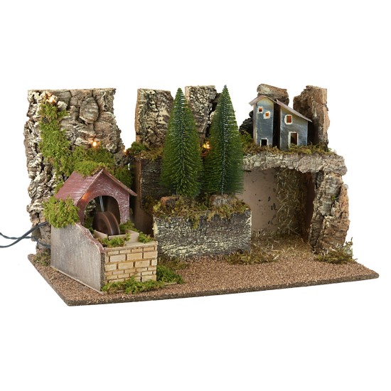 Illuminated nativity scene with working water mill cm 60x35x35h