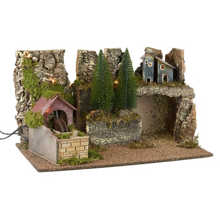 Presepe illuminato con mulino ad acqua funzionante cm 60x35x35h