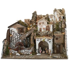 Nativity scene with illuminated statues with mill complete with pump
