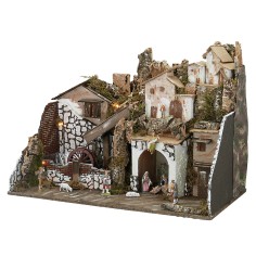 Presepe con statue illuminato con mulino completo di pompa a 2