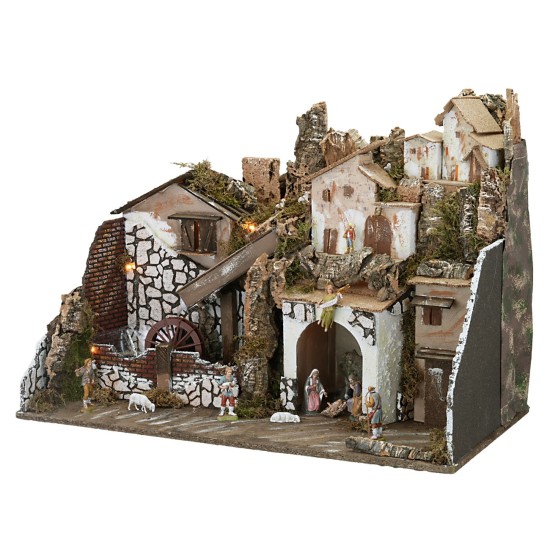 Nativity scene with illuminated statues with mill complete with pump