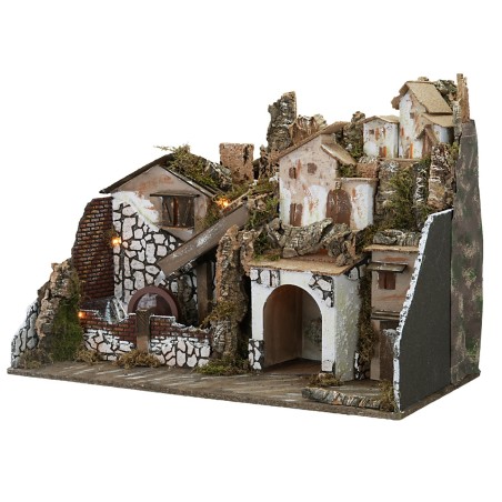 Presepe illuminato con mulino funzionante cm 76x40x54 h
