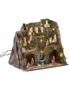 Pesebre completo con estatuas, luces y fuente en funcionamiento completo