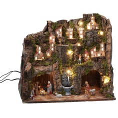 Pesebre completo con estatuas, luces y fuente en funcionamiento completo 2