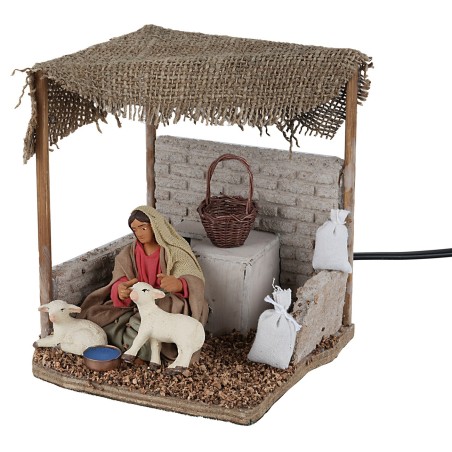 Donna con agnellini 12 cm in movimento per presepe Mondo Presepi