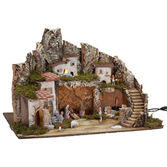Nativity scene with lights and working fountain complete with