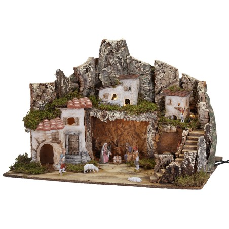 Presepe con luci e fontana funzionante completo di statuine cm