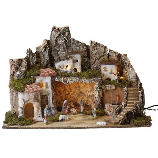 Presepe con luci e fontana funzionante completo di statuine cm