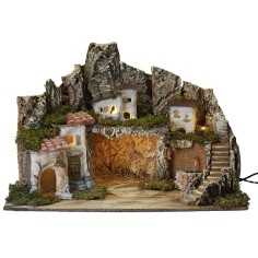Presepe con luci e fontana funzionante cm 62x50x45 h per 2