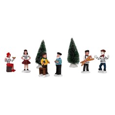 Set de figuras para aldea navideña y pinos 8 piezas